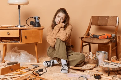 sad tired woman carpenter sits 260nw 2283633301